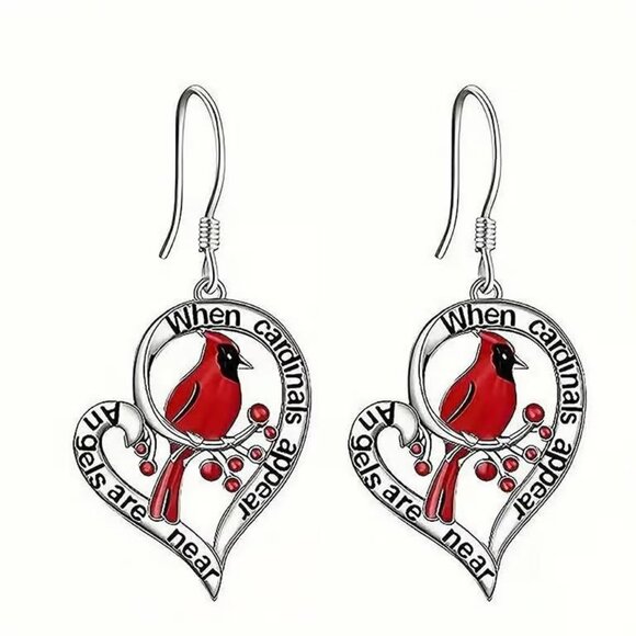 Silver Heart Shaped CARDINAL Dangle Earrings - Picture 1 of 3